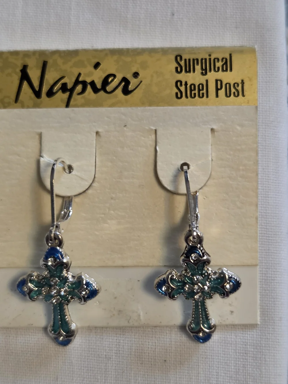 Unsigned Napier Silver-Tone Teal & Blue Cross Drop Earrings